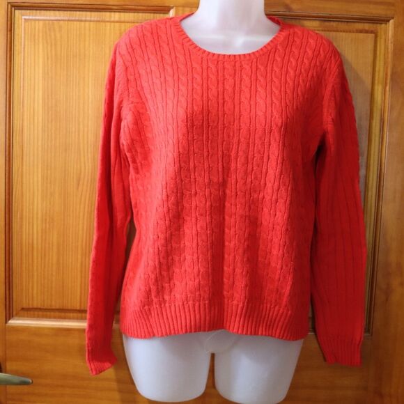 Villager Petite Small 100% Cotton Red Cable Knit Sweater Scoop Neck Pullover - Picture 2 of 14